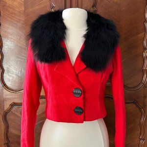 Vintage 50s Red Wool Dress and Jacket Ensemble Black Fur Collar Size S/M
